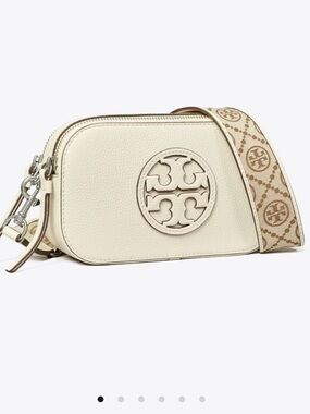 Tory Burch Cream Leather Crossbody with Logo Medallion and Patterned Strap